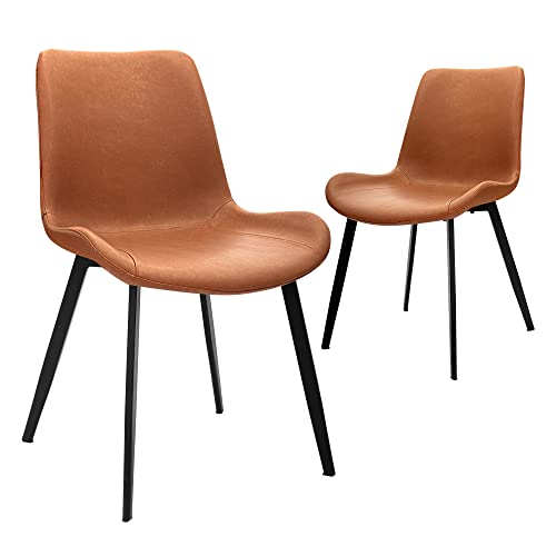 CangLong Modern ‎Faux Leather Dining Chairs, PU Cushion Seat Back，Metal Legs for Kitchen Dining Room Side Chair, Set of 2, Brown