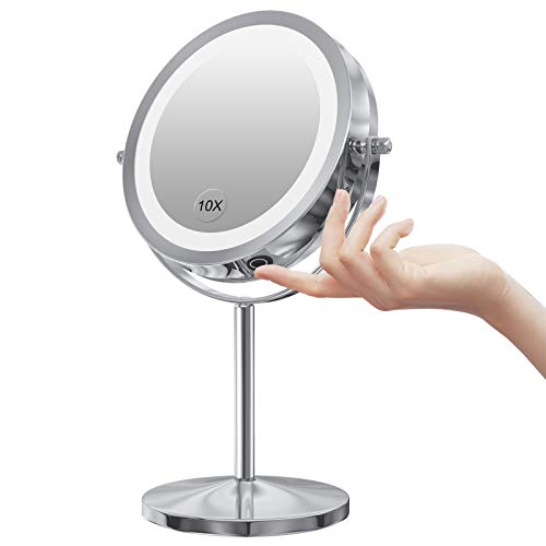 Gospire 1x/10x Magnifying Lighted Makeup Mirror Double Sided Round Standing 360 Degree Swivel Mirror for Shaving Bathroom 7 Inch Diameter