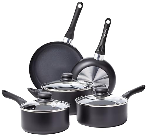 Amazon Basics Non-Stick Cookware 15-Piece Set, Pots, Pans and Utensils, Black