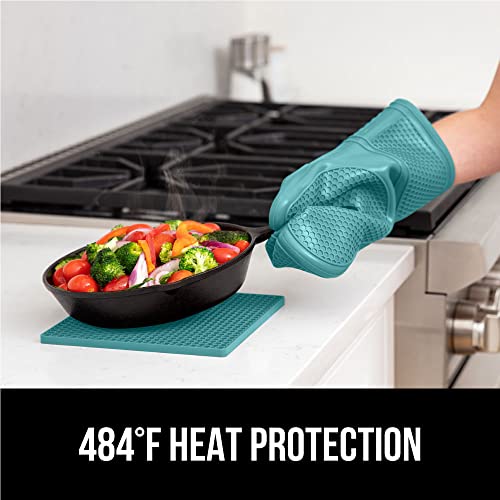 Gorilla Grip Heat and Slip Resistant Silicone Oven Mitts Set, Soft Cotton Lining, Waterproof, BPA-Free, Long Flexible Thick Gloves for Cooking, Kitchen Mitt Potholders, 12.5 in, Black