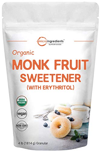Organic Monk Fruit Sweetener with Organic Erythritol Granules, 1:1 Sugar Substitute, 4 Pounds (64 Ounce), Natural Sweetener for Smoothie, Drinks, Coffee, Tea, Cookies and More, Premium Monk Fruit Keto Diet, Vegan (Shipping Only)