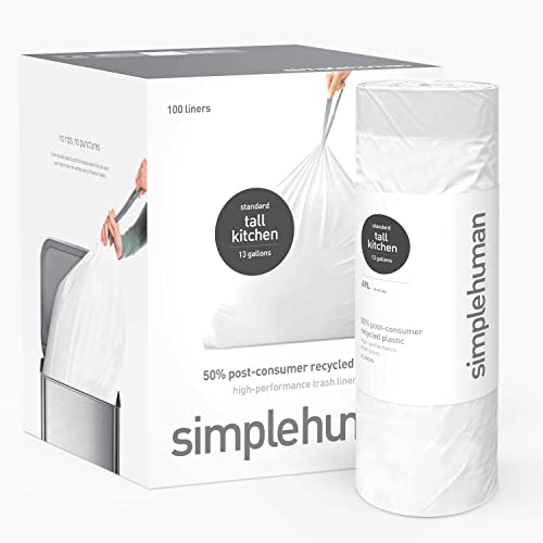 simplehuman Extra Strong Tall Kitchen 13 Gallon Drawstring Trash Bags, 50% PCR content, 100 Count (Pack of 1)