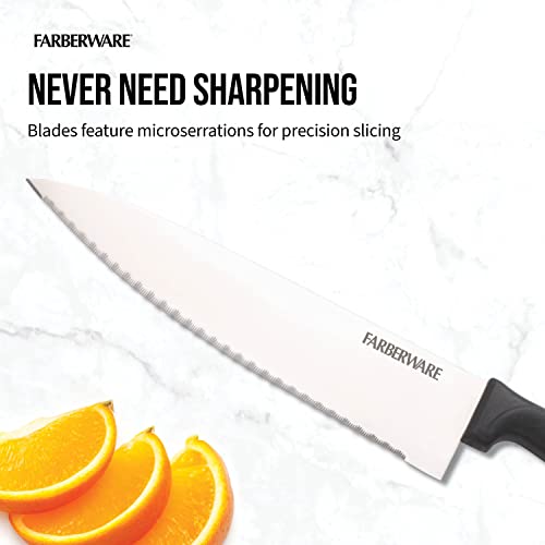 Farberware Never Needs Sharpening High-Carbon Stainless Steel Knife Block Set with Non-Slip Handles, 18 Piece, Black
