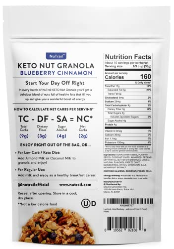 NuTrail - Keto Blueberry Nut Granola Healthy Breakfast Cereal - Low Carb Snack Food - 2g Net Carbs - Almonds, Pecans, Coconut and more 11 oz 1 Count