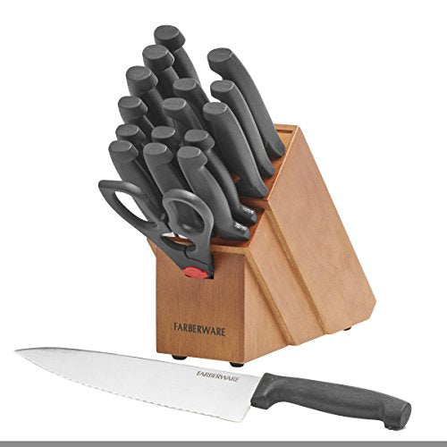 Farberware Never Needs Sharpening High-Carbon Stainless Steel Knife Block Set with Non-Slip Handles, 18 Piece, Black