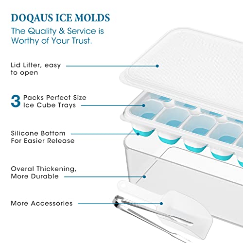 DOQAUS Ice Cube Tray with Lid and Bin, 4 Pack Silicone Plastic Ice Cube Trays for Freezer with Ice Box, Ice Trays with Ice Container, Stackable Ice Tray with Storage Ice Bucket,Ice Tong,Ice Scoop