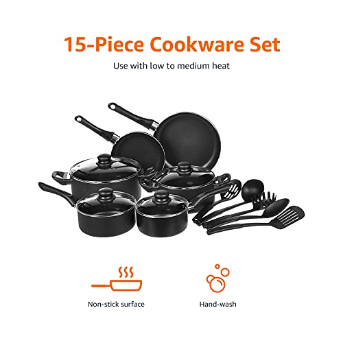 Amazon Basics Non-Stick Cookware 15-Piece Set, Pots, Pans and Utensils, Black