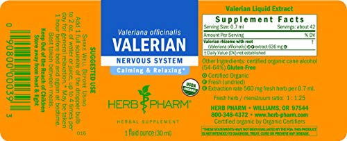 Herb Pharm Certified Organic Valerian Root Liquid Extract for Relaxation and Restful Sleep, Alcohol-Free Glycerite, 1 Ounce