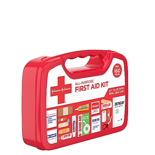 Johnson & Johnson All-Purpose Portable Compact First Aid Kit for Minor Cuts, Scrapes, Sprains & Burns, Ideal for Home, Car, Travel, Camping and Outdoor Emergencies, 160 pieces
