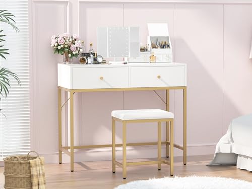 SUPERJARE Vanity Desk, Makeup Vanity with Lighted Mirror, White Desk with Drawers, 35.4 Inches Makeup Vanity Desk with Lights, for Bedroom, White and Gold