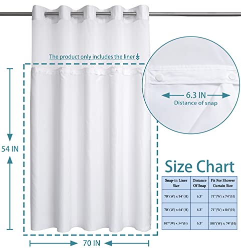 1 Pack Hotel Fabric Snap in Shower Curtain Liner Replacement Removable Water Repellent Liner for Bathroom Shower Curtain Liner 70W X 54H(70Wx54H (for 71(W) x74(H) Shower Curtain))