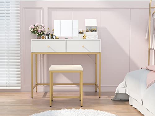 SUPERJARE Vanity Desk, Makeup Vanity with Lighted Mirror, White Desk with Drawers, 35.4 Inches Makeup Vanity Desk with Lights, for Bedroom, White and Gold