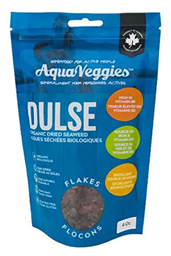 Aqua Veggies Organic Atlantic Dulse Flakes 4 Oz , Hand-Harvested, Sun-Dried Bay of Fundy, Excellent Source of Vitamins B6, B12, Iron, Iodine, Protein, Calcium and Fibre 4 Ounce