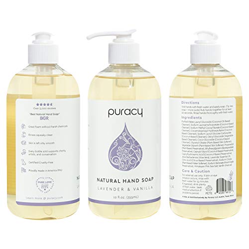 Puracy Natural Gel Hand Wash, Vegan, Hypoallergenic, All Skin Types, Lavender & Vanilla (Lavender & Vanilla, 12 Fl. Oz (Pack of 1)) (PHS12) (Shipping Only)