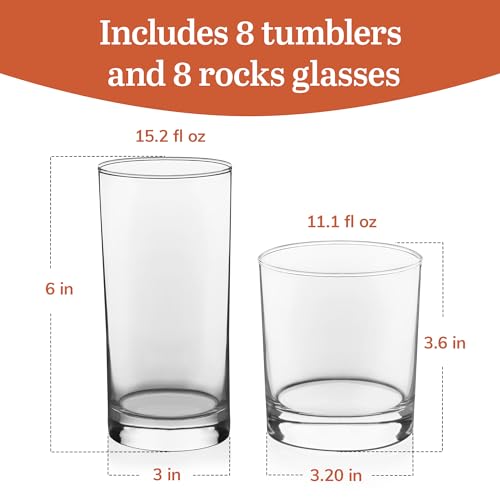 Libbey Province Tumbler and Rocks Glass Set, Elegant Drinkware Glasses Set, Lead Free, Tall Drinking Glasses with Modern Lines, Dishwasher Safe Drinking Glasses, 16 Piece Assortment