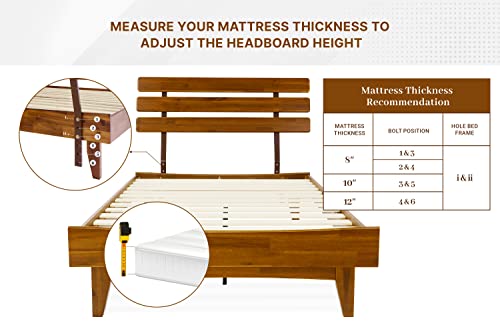 Bme Caden 15" Bed Frame with Adjustable Headboard - Mid Century, Retro Style with Acacia Wood - No Box Spring Needed - Wood Slat Support - Easy Assembly (Caramel, King (U.S. Standard))