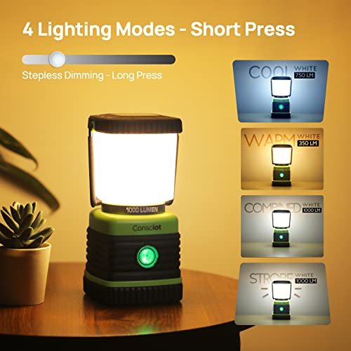 LED Camping Lantern, Consciot Battery Powered Camping Lights, 1000LM, 4 Light Modes, IPX4 Waterproof Tent Lights, Portable Flashlight for Power Outages, Emergency, Hurricane, Hiking, 2-Pack