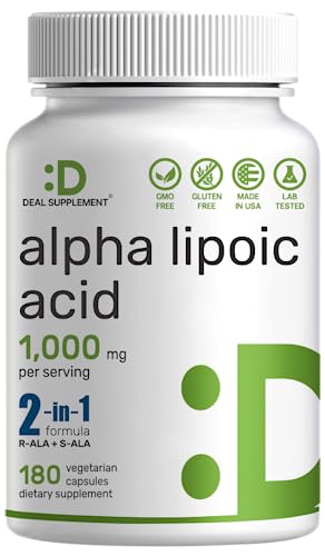 Alpha Lipoic Acid 1,000mg, 180 Veggie Capsules – 50/50 R-ALA & S-ALA for Max Bioavailability – Antioxidant Supplement – Energy & Nervous System Support – Non-GMO