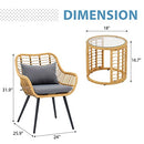 JOIVI 3 Piece Outdoor Wicker Furniture Bistro Set, Patio Rattan Conversation Set with Round Glass Top Coffee Side Table, Cushions and Lumbar Pillows for Porch, Backyard, Deck