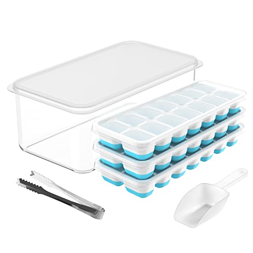 DOQAUS Ice Cube Tray with Lid and Bin, 4 Pack Silicone Plastic Ice Cube Trays for Freezer with Ice Box, Ice Trays with Ice Container, Stackable Ice Tray with Storage Ice Bucket,Ice Tong,Ice Scoop