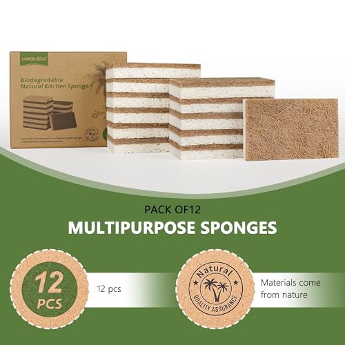 SAMEBUTECO Kitchen Sponge Set of 12 Natural Cellulose and Coconut Walnut Scrubbing Sponges for Sparkling Kitchens Dish Sponges for Heavy Duty Kitchen Grime (Square Sponges)