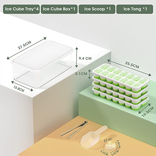 DOQAUS Ice Cube Tray with Lid and Bin, 4 Pack Silicone Plastic Ice Cube Trays for Freezer with Ice Box, Ice Trays with Ice Container, Stackable Ice Tray with Storage Ice Bucket,Ice Tong,Ice Scoop