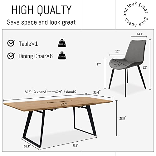 ZckyCine Modern mid-Century Dining Table Dining Table and Chairs for 6 Rectangular Wooden Dining Table Expandable Dining Table Space-Saving Multifunctional Dining Table (Table+6 Brown Chairs)