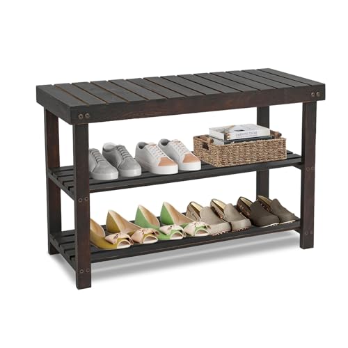 ECOMEX Shoe Rack Bench for Entryway, 3-Tier Wooden Shoe Shelf Shoe Organizer Bench Shoe Organizer Entryway Bench for Bedroom Balcony Entryway Entrance, Black(33.5''L)