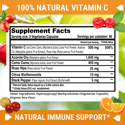 Natural Vitamin C - 100% from Rose Hips, Acerola Cherry and Camu Camu Superfruit 500mg - High Absorption - Immune Support, Skin, Joint and Collagen Booster with Citrus Biflavanoids - 120 Capsules
