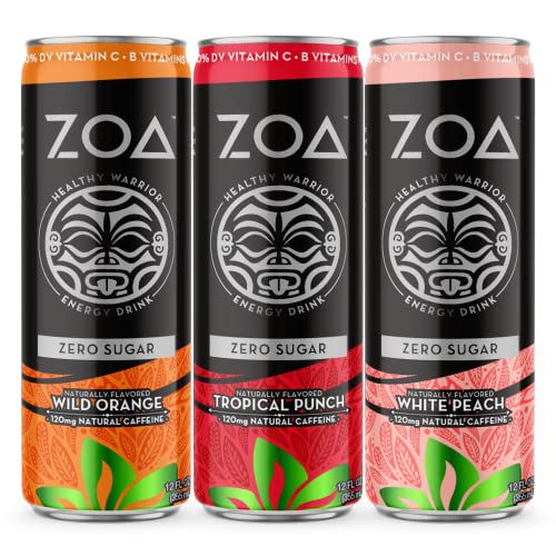 ZOA Zero Sugar Energy Drinks, Classic Variety Pack - Healthy Energy with B & C Vitamin, 120mg of Natural Caffeine - 12 Ounce (Pack of 12)