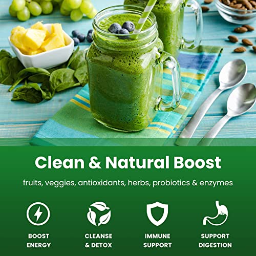 Super Greens Powder Premium Superfood | 20+ Organic Green Veggie Whole Foods | Wheat Grass, Spirulina, Chlorella & More | Antioxidant, Digestive Enzyme & Probiotic Blends | Vegan Juice Supplement
