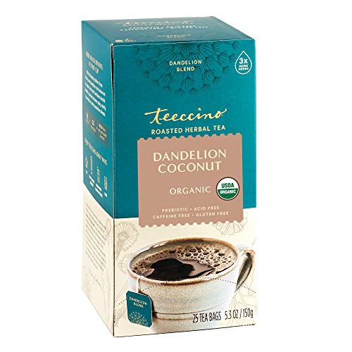 Teeccino Dandelion Root Tea - Dark Roast - Caffeine Free, Organic, Roasted Herbal Tea with Prebiotics, 3x More Herbs than Regular Tea Bags - Gluten-Free Coffee Alternative - 25 Tea Bags