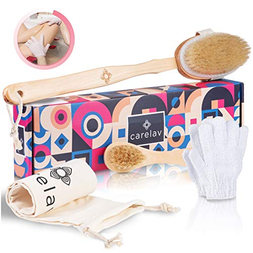 Premium Dry Brushing Body Brush Set, Medium Boar Bristles Dry Scrub Brushes for Face Exfoliating, Cleansing & Lymphatic Drainage, Skin Beauty Brush with Handle + Face Brush + Shower Gloves