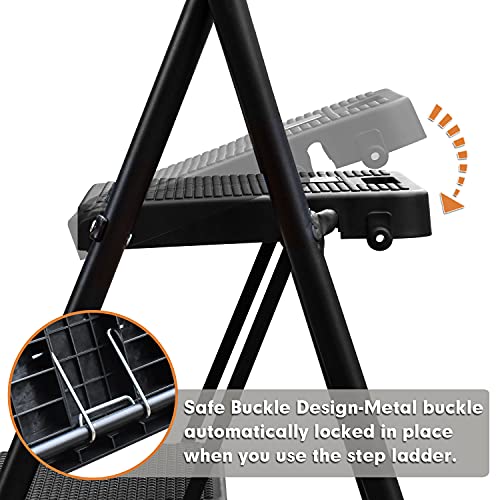 HBTower 3 Step Ladder, Folding Step Stool with Wide Anti-Slip Pedal, 500lbs Sturdy Steel Ladder, Convenient Handgrip, Lightweight, Portable Steel Step Stool, Black
