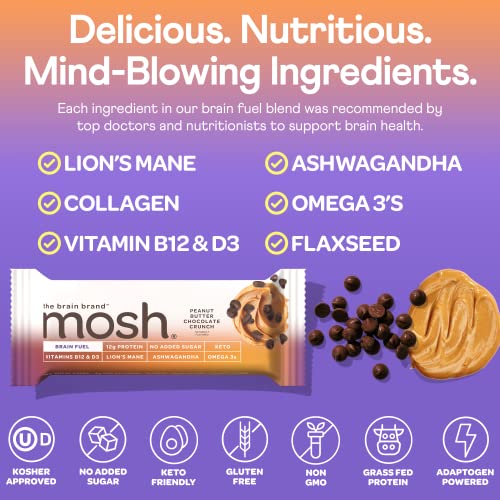 MOSH Variety Pack Protein Bars, 6pk, Keto Snack, Gluten-Free, No Added Sugar, 12g Whey Protein, Lion's Mane, B12 Vitamins, Supports Brain Health, Breakfast To-Go (Flavors may vary)