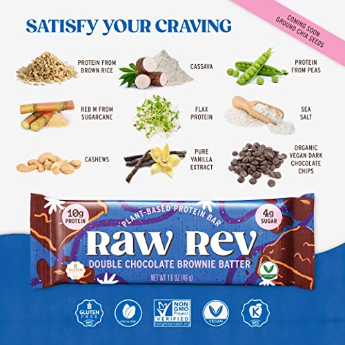 Raw Rev Vegan High-Protein Bars, Double Chocolate Brownie Batter, 10g Plant Protein, 12g Fiber, Non-GMO, 1.6 Oz, 12 Count (Pack of 1)