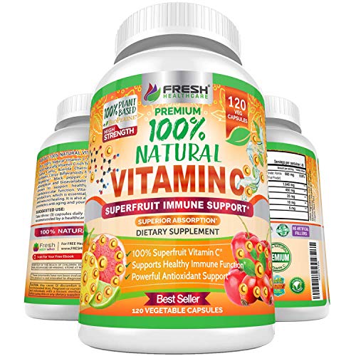 Natural Vitamin C - 100% from Rose Hips, Acerola Cherry and Camu Camu Superfruit 500mg - High Absorption - Immune Support, Skin, Joint and Collagen Booster with Citrus Biflavanoids - 120 Capsules