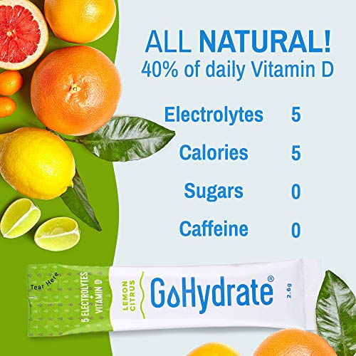 Electrolyte Hydration Drink Mix with Vitamin D, Non GMO Electrolyte Powder Hydration Pack, Lemon Citrus, 30 Hydration Powder Packets - GoHydrate