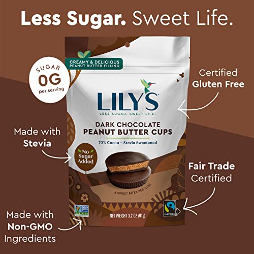 Dark Chocolate Peanut Butter Cups by Lily's Sweets | Made with Stevia, No Added Sugar, Low-Carb, Keto-Friendly | Fair Trade, Gluten-Free & Non-GMO | 3 Pack, 3.2 Oz