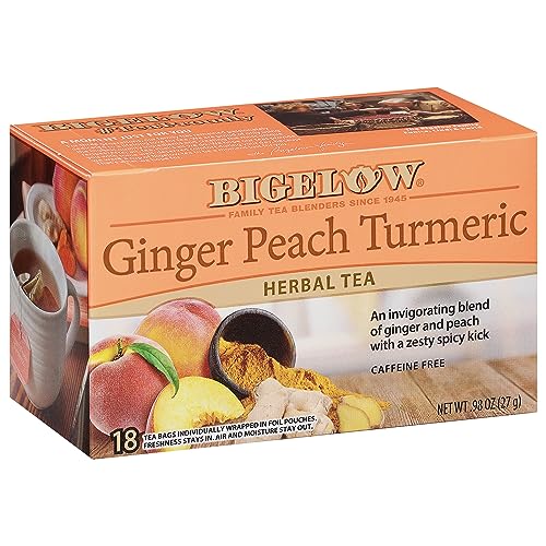 Bigelow Tea Ginger Peach Turmeric Herbal Tea, Caffeine Free, 18 Count (Pack of 6), 108 Total Tea Bags