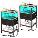 LAKEMID Nightstands Set of 2 with Charging Station and Drawer, End Table Bedside Table with 20 Colors LED Light Strip and 2 Layers Shelf for Bedroom Living Room Sofa (Rustic Brown)