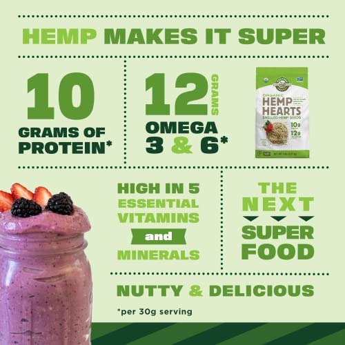 Organic Hemp Hearts, 12oz; 10g Plant Based Protein and 12g Omega 3 & 6 per Srv | Smoothies, yogurt & salad | Non-GMO, Vegan, Keto, Paleo, Gluten Free | Manitoba Harvest