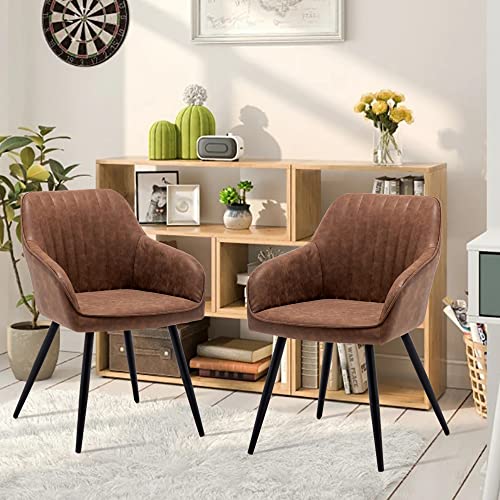 annjoe Faux Leather Accent Arm Chairs for Living Room Leisures/ Upholstered Chair with Metal Legs Set of 2 for Home Kitchen Office Bistro Cafe, Brown