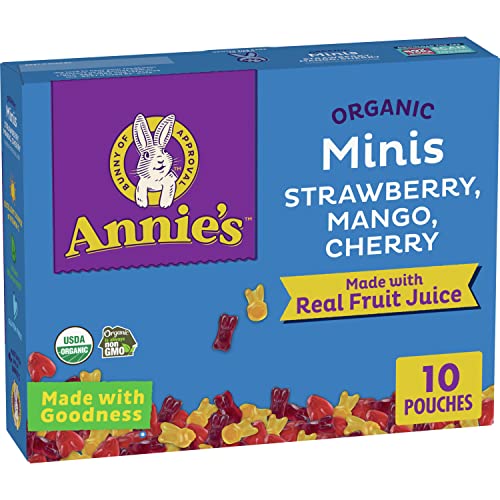 Annie's Organic Minis Bunny Fruit Flavored Snacks, Strawberry, Mango & Cherry, Gluten Free, 10 Pouches, 7 oz.