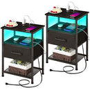 LAKEMID Nightstands Set of 2 with Charging Station and Drawer, End Table Bedside Table with 20 Colors LED Light Strip and 2 Layers Shelf for Bedroom Living Room Sofa (Rustic Brown)