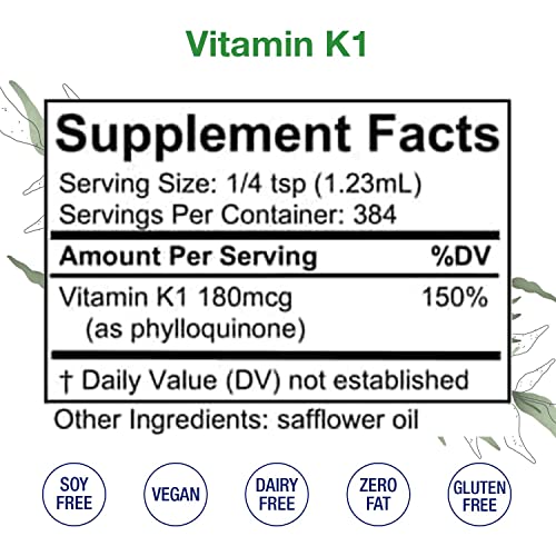 Vitamin K1 Liquid – Alcohol-Free Oral Vitamin K1 Drops - Liquid Vitamin K for Skin, Bones & Blood Health – Vegan, Non-GMO Vitamin Liquid Extract for Internal & External Use - 1 Fl Oz