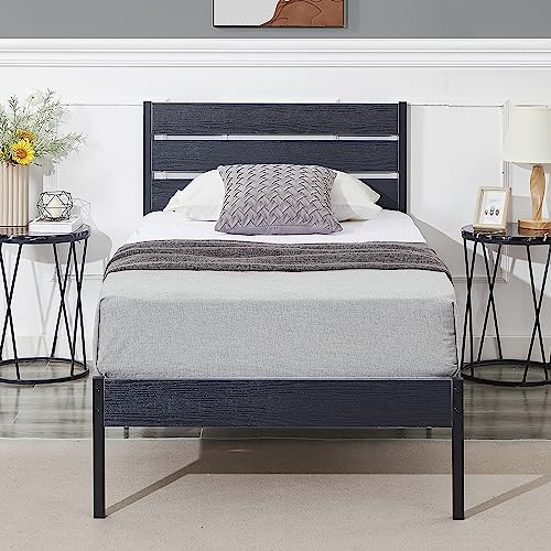 VECELO Platform Twin Bed Frame with Rustic Vintage Wood Headboard and Footboard, Mattress Foundation, Strong Metal Slats Support, No Box Spring Needed