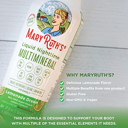 MaryRuth Organics, Nighttime Liquid Multimineral Supplement, Sugar/Gluten Free, Natural Sleep Support for Adults, Kids, No Melatonin, Magnesium, Calcium, MSM, Lemonade Flavor, Vegan, 32 Servings