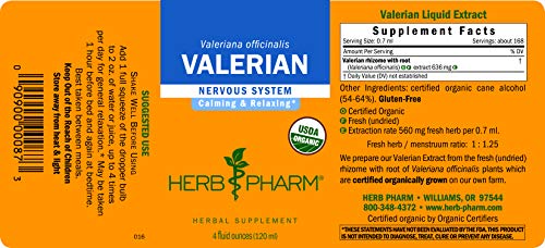 Herb Pharm Certified Organic Valerian Root Liquid Extract for Relaxation and Restful Sleep, Alcohol-Free Glycerite, 1 Ounce