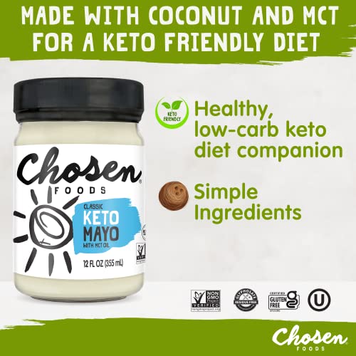 Chosen Foods Classic Keto Mayonnaise with MCT Oil, Gluten & Dairy Free, Low-Carb, Keto & Paleo Diet Friendly, Mayo for Sandwiches, Dressings and Sauces, Made with Cage Free Eggs (12 fl oz)
